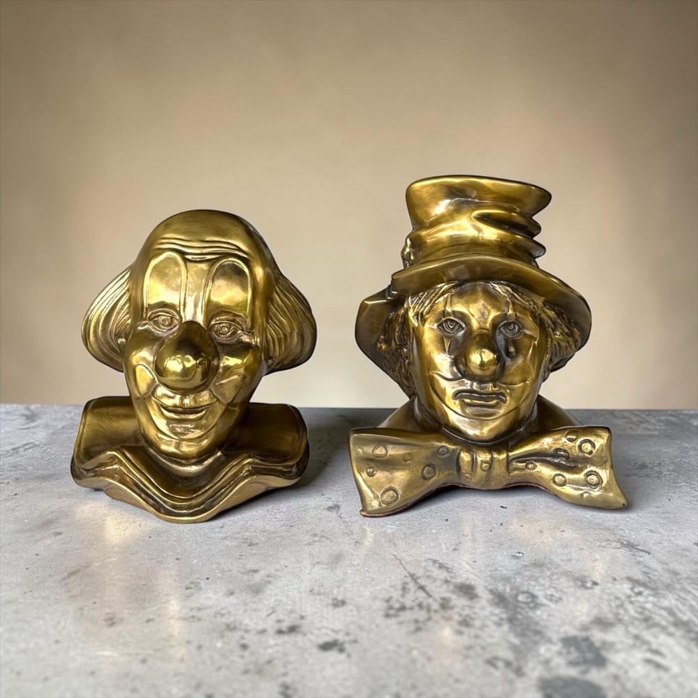 Clarabell and Emmet Kelly Bronze Bookends, PM Craftsman 1970s